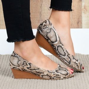 Size 11 brown snakeskin peep toe wedges (shoes)